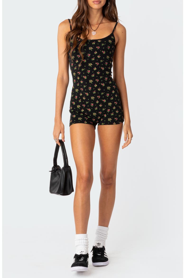 Ditsy Floral Open Back Romper, Alternate, color, BLACK