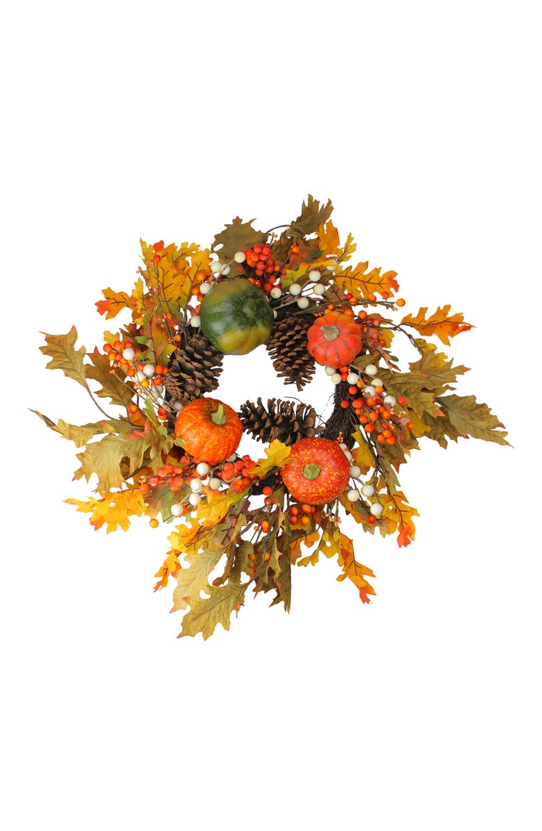 Northlight Fallen Leaves with Pine Cones and Pumpkins Artificial Thanksgiving Wreath, Orange 24-Inch, Main, color, 