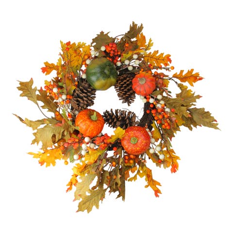 Fallen Leaves with Pine Cones and Pumpkins Artificial Thanksgiving Wreath, Orange 24-Inch