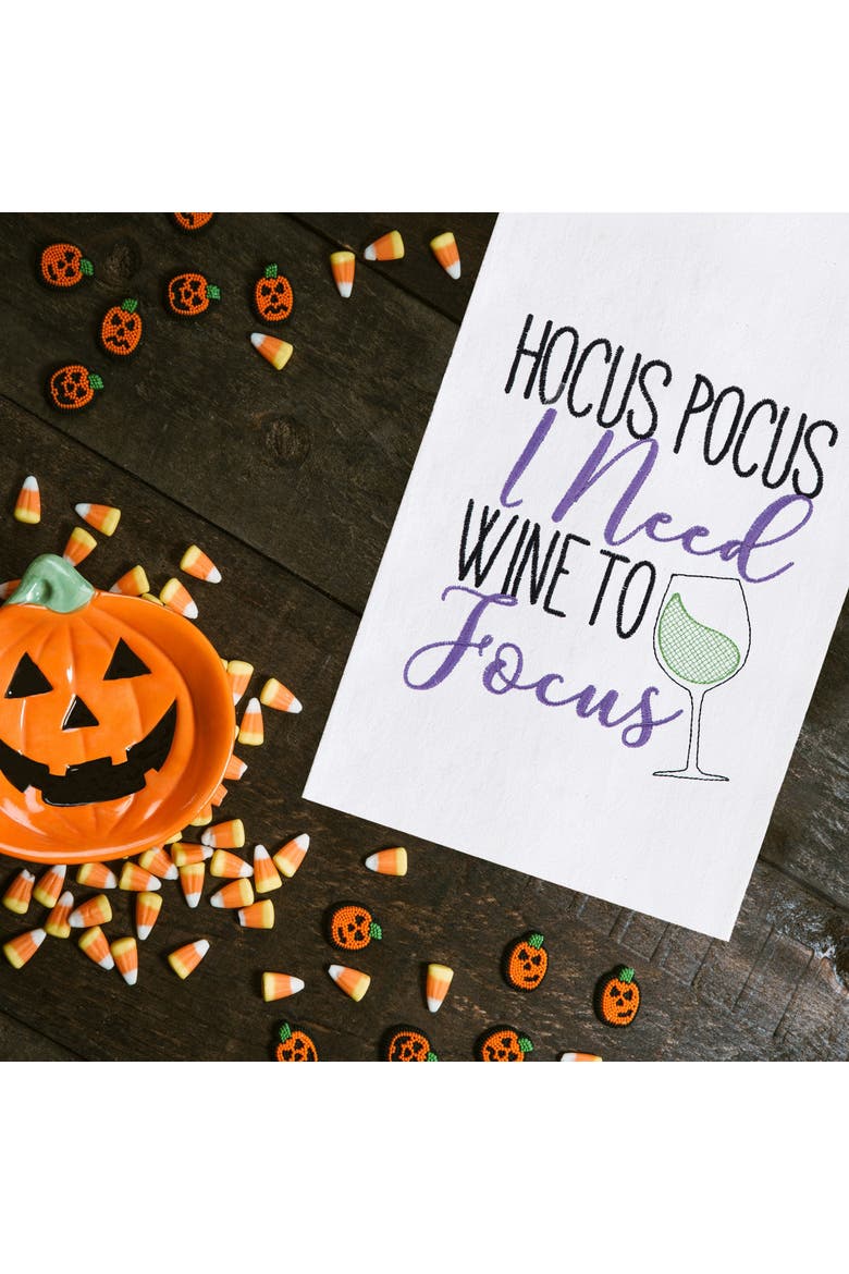 Hocus Pocus I Need Wine to Focus Halloween Embroidered Flour Sack Cotton Kitchen Towel, Alternate, color, White