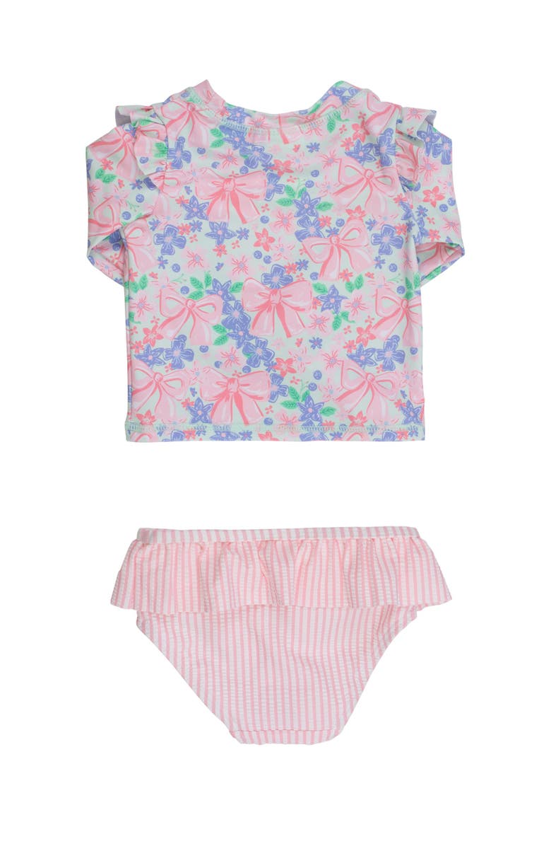 RuffleButts UPF50 Sun Protected Skirted Flutter Long Sleeve Rash Guard Bikini, Alternate, color, Bow Blooms