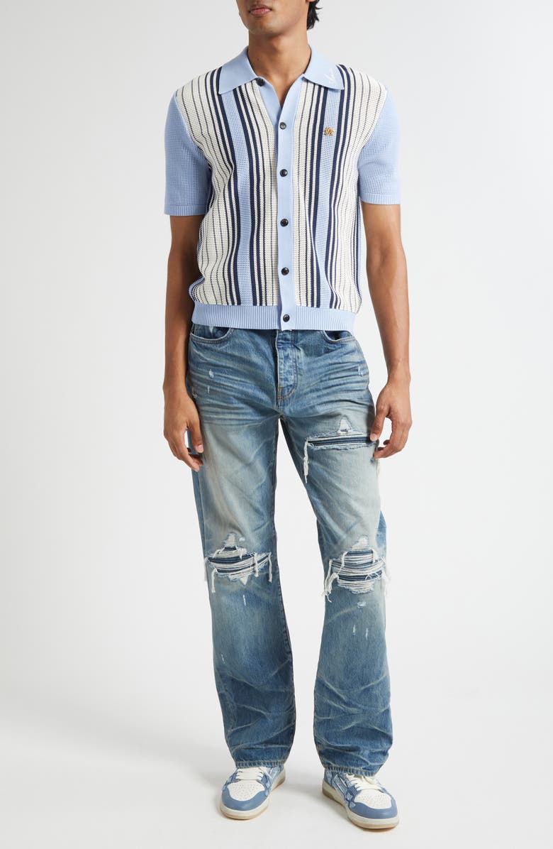 AMIRI Script Logo Embroidered Stripe Short Sleeve Cardigan, Alternate, color, Ashley Blue