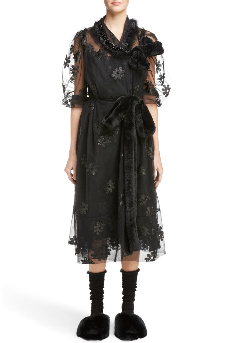 Teddy Floral Embroidered Tulle Dress with Feather and Faux Fur Trim, Main, color, BLACK BLACK