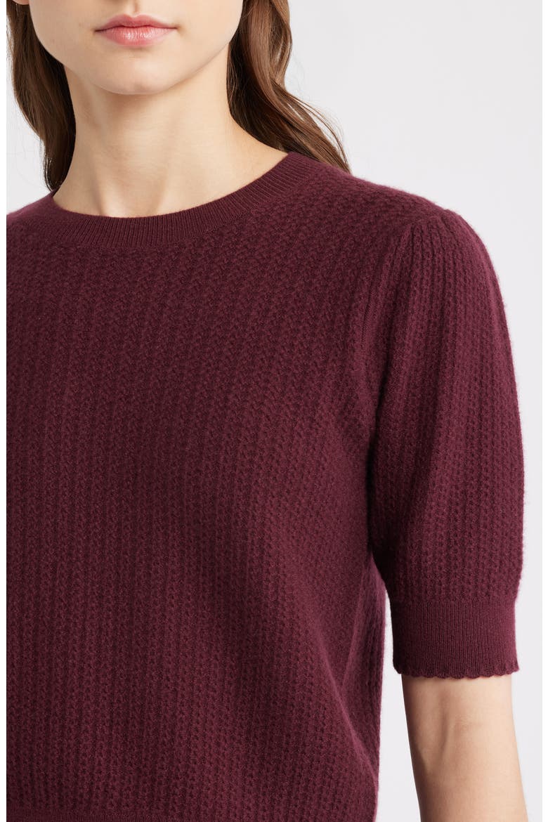 The Ladder Pointelle Short Sleeve Cashmere Sweater, Alternate, color, CABERNET