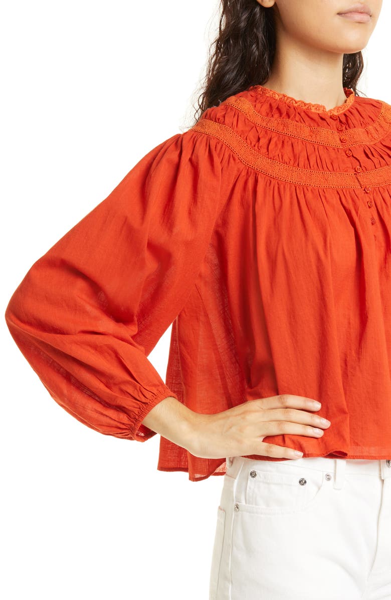 THE GREAT. The Picturesque Lace Yoke Top, Alternate, color, Tabasco