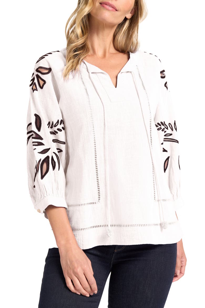 Athena Embroidered Puff Sleeve Cotton Top, Main, color, WHITE/ CHOCOLATE