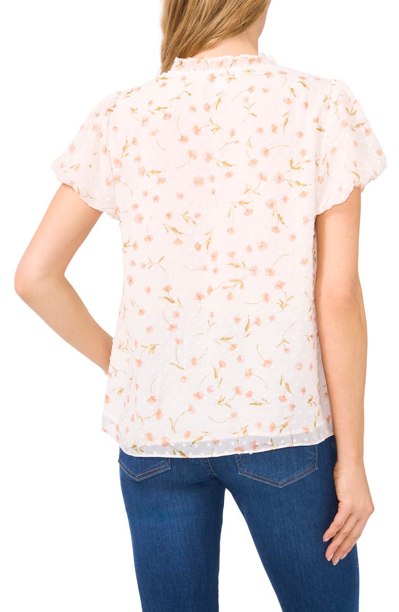 CeCe Floral Bubble Sleeve Clip Dot Top, Alternate, color, New Ivory