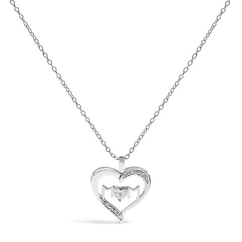 Silver Diamond Accent MOM in Heart Pendant Necklace  Inches