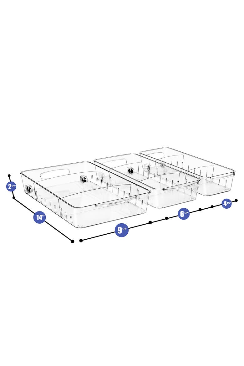 Set of 3 Flat Clear Organizing Wheeled Bins, Alternate, color, CLEAR