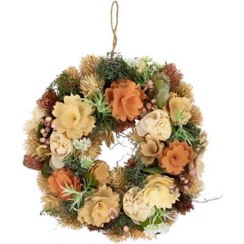 Mixed Floral Artificial Mini Spring Wreath - 10" - Beige And Peach