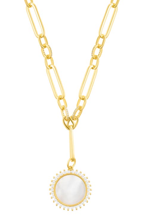 14K Gold Plated Mother-of-Pearl Crystal Halo Pendant Necklace