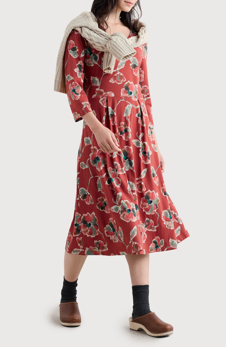 Seasalt Cornwall Floral Pleated Stretch Organic Cotton Jersey Dress, Main, color, Artist Camellia Red Sail