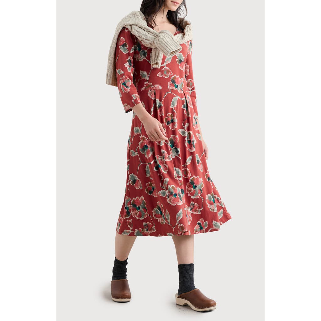 Seasalt Cornwall Floral Pleated Stretch Organic Cotton Jersey Dress In Red