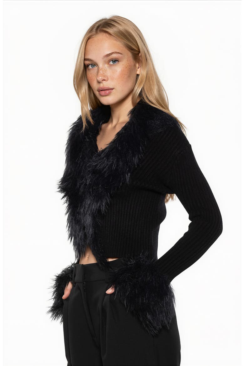 Kennedy Faux Fur Trim Sweater, Alternate, color, BLACK