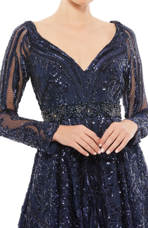 Mac Duggal Midnight Long Sleeve Embellished Evening Gown In Midnight
