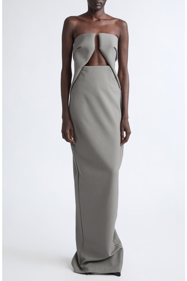 Abito Prong Cutout Strapless Wool Blend Gown, Main, color, STEEL