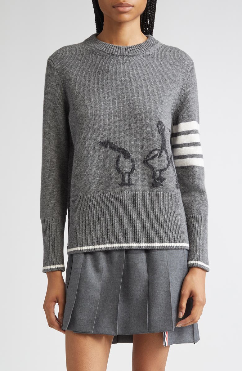 Thom Browne Geese Intarsia Boxy Virgin Wool Crewneck Sweater, Main, color, Medium Grey