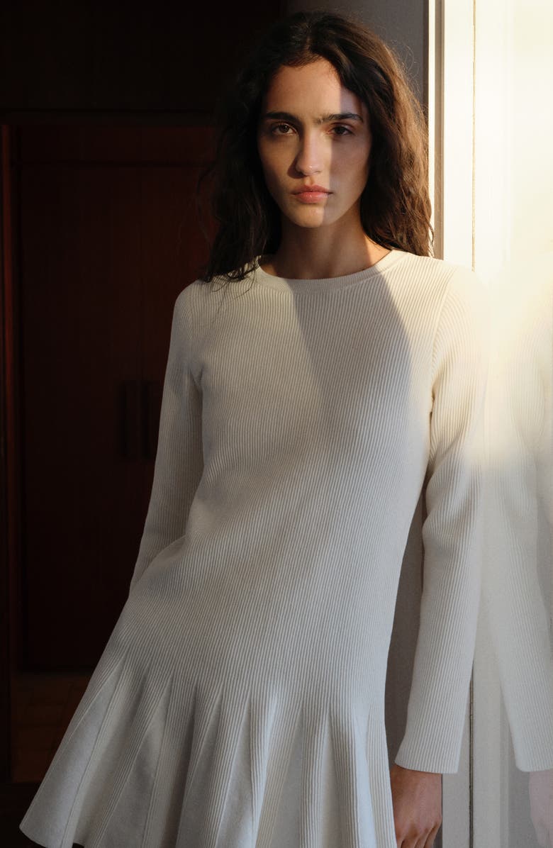 MANGO Ottom Pleated Long Sleeve Stretch Rib Minidress, Alternate, color, Ecru