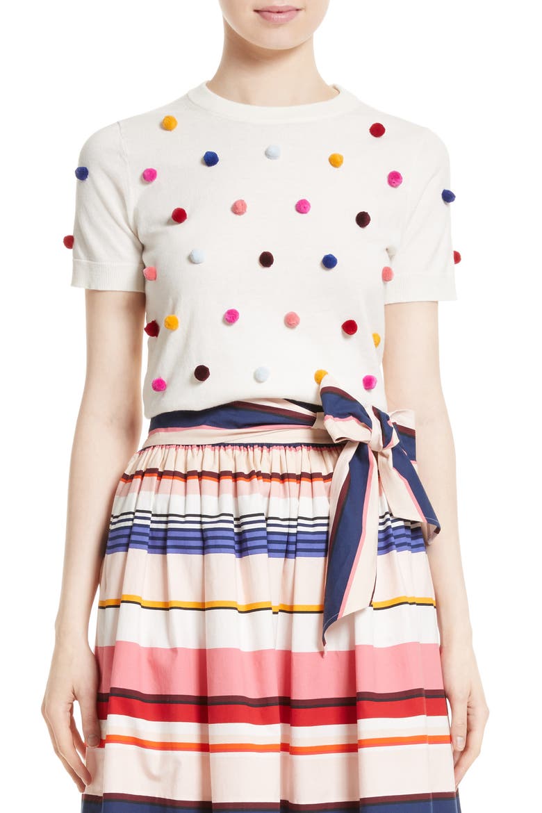 pom embellished cotton & cashmere sweater, Main, color, CREAM MULTI