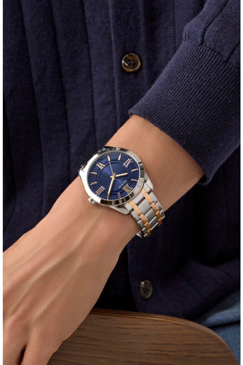 Elliot Blue Dial Two-Tone Bracelet Watch, 44mm, Alternate, color, ROSE GOLD