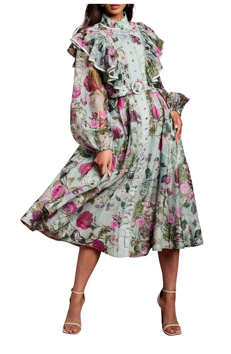 Coast Long Sleeve Printed Organza Shirt Dress, Alternate, color, Sage
