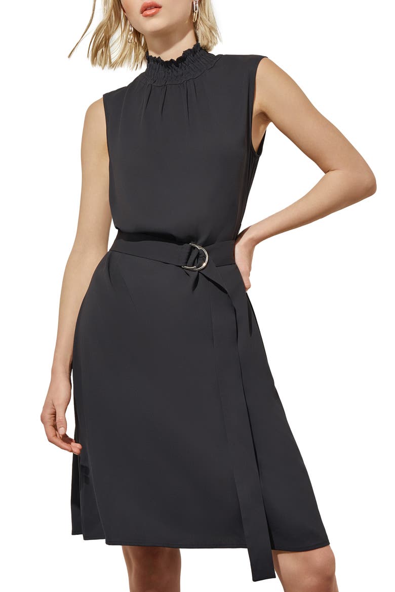 Smocked Mock Neck Crêpe de Chine Dress, Alternate, color, BLACK
