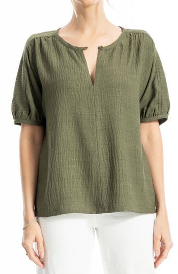 Max Studio Short Sleeve Split Neck Blouse In Green