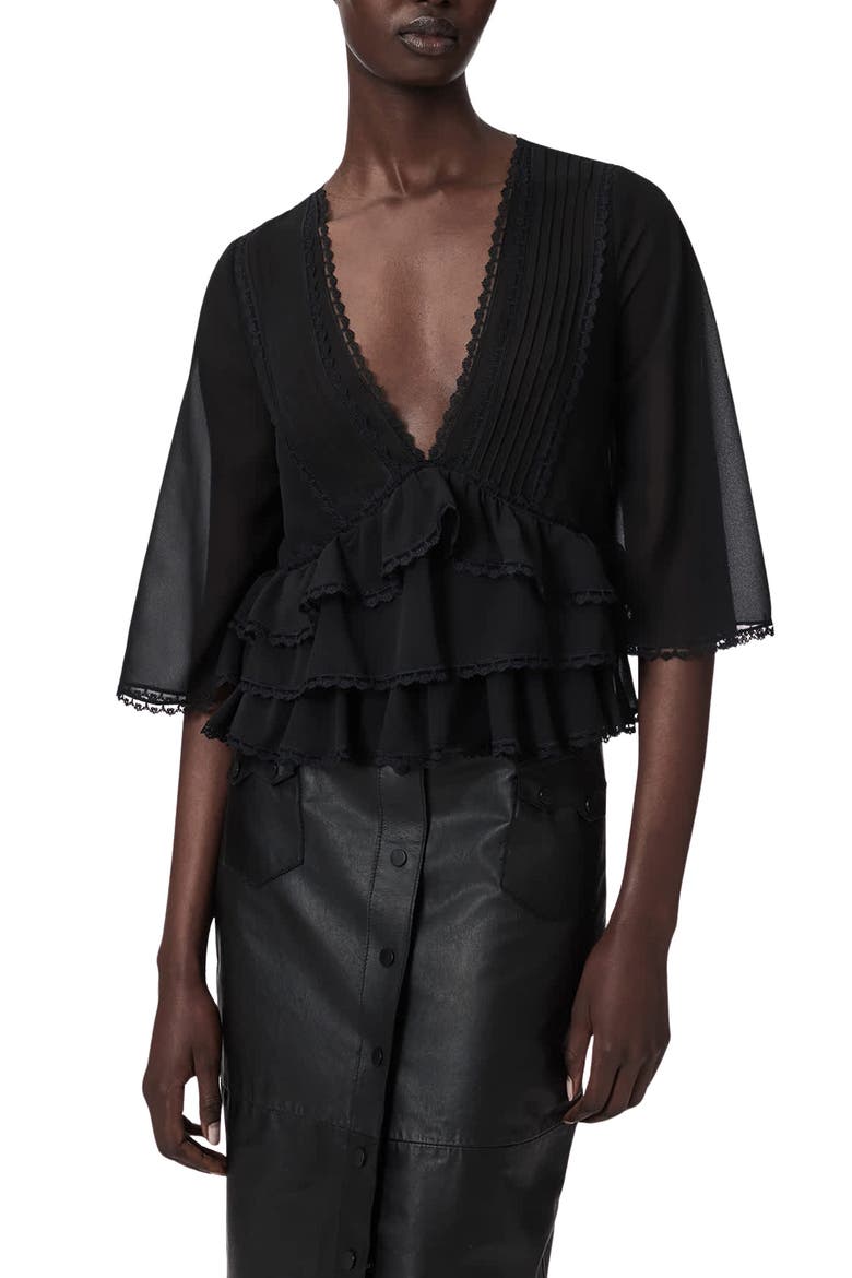Plunge Neck Tiered Ruffle Lace Trim Top, Main, color, BLACK