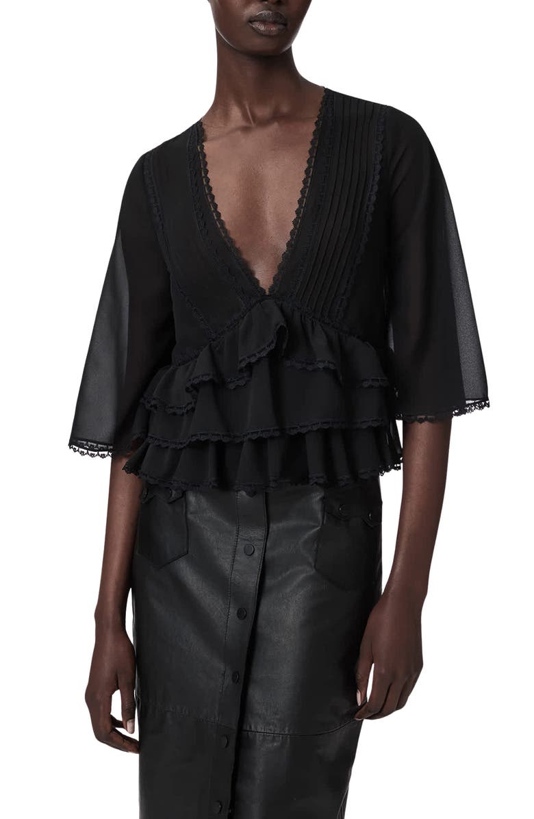 AllSaints Plunge Neck Tiered Ruffle Lace Trim Top, Main, color, Black
