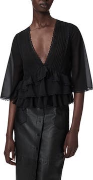 AllSaints Plunge Neck Tiered Ruffle Lace Trim Top