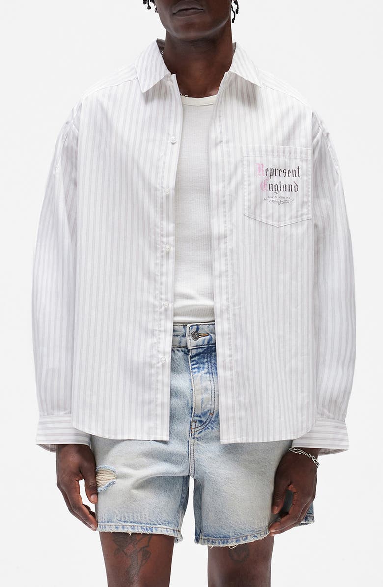 Represent Pinstripe Graphic Cotton Button-Up Shirt, Main, color, Flat White