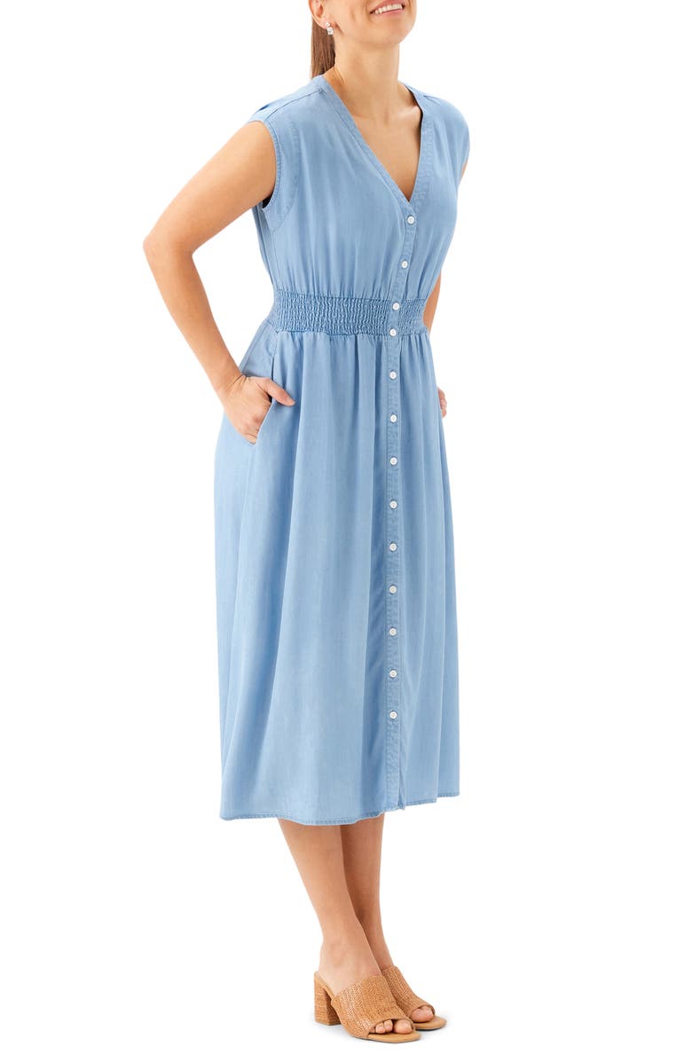 Karen Kane Smocked Waist Chambray Button-Up Midi Dress, Alternate, color, Chambray