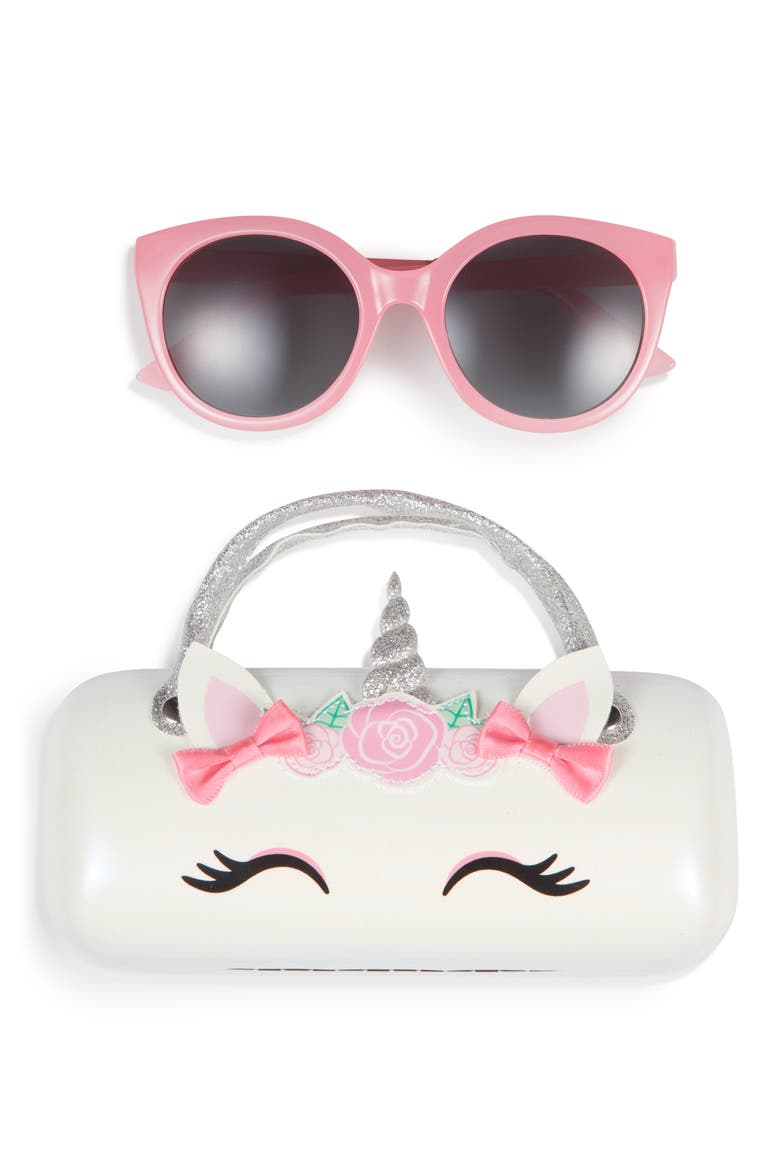 Kids' Round Sunglasses & Floral Unicorn Case Set, Main, color, PINK COMBO