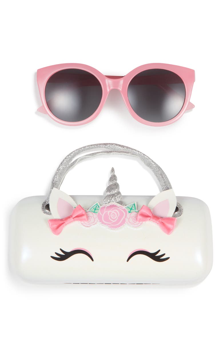 Capelli New York Kids' Round Sunglasses & Floral Unicorn Case Set, Main, color, Pink Combo