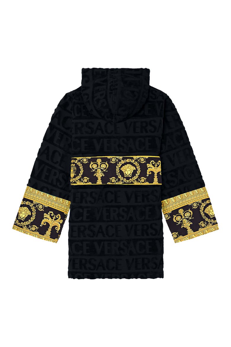 Barocco Hooded Short Bathrobe, Alternate, color, BLACK