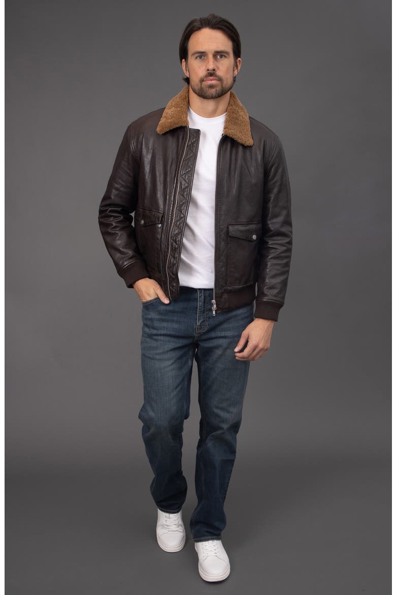 Washed Leather Aviator Jacket with Genuine Shearling Collar, Alternate, color, ESPRESSO