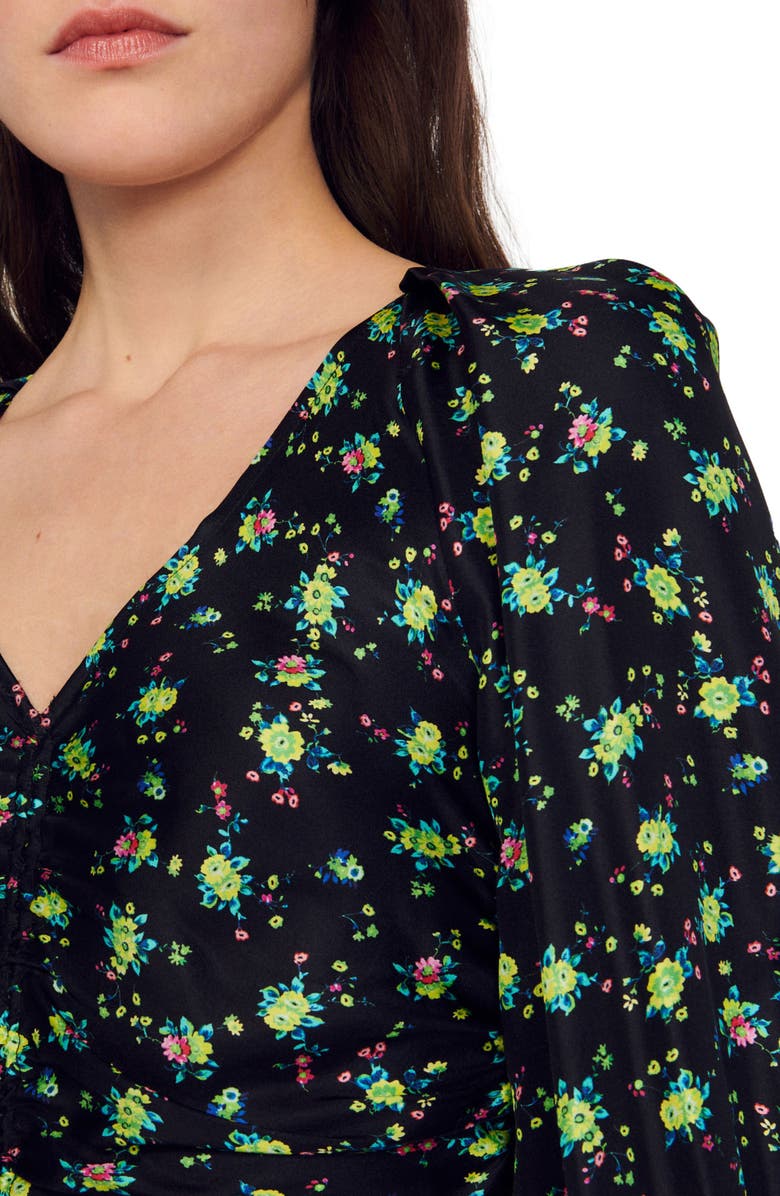 SANDRO Novalee Floral Ruched Dress, Alternate, color, Noir