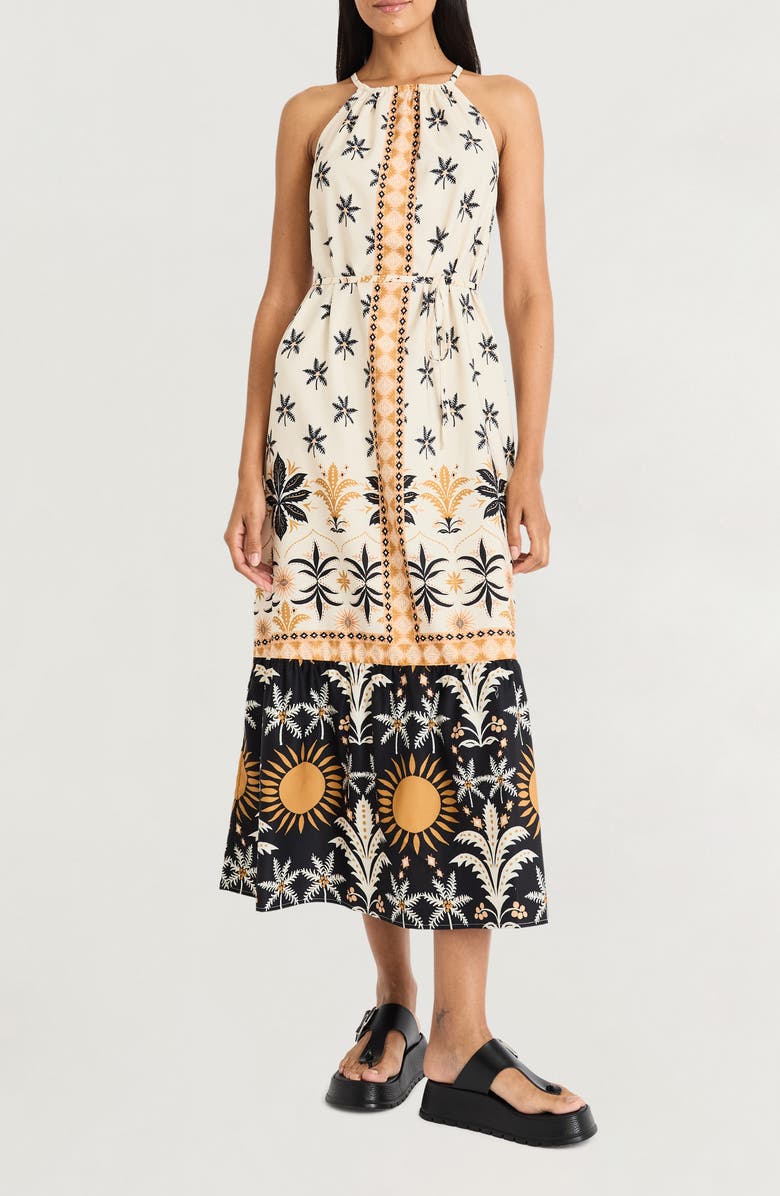 The Good Journey Caravan Palms Mixed Print Midi Dress, Main, color, Ivory/ Gold Flame
