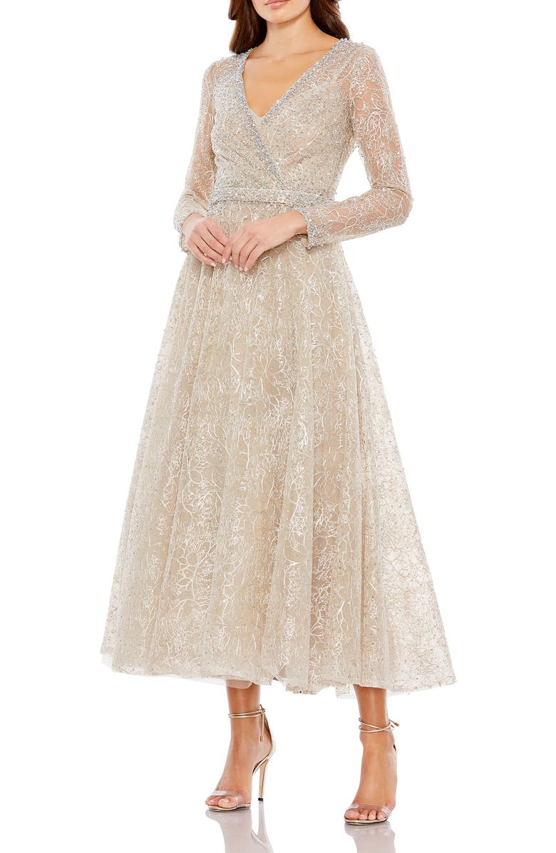 Mac Duggal Embellished Wrap Over Long Sleeve Midi Dress, Main, color, Taupe