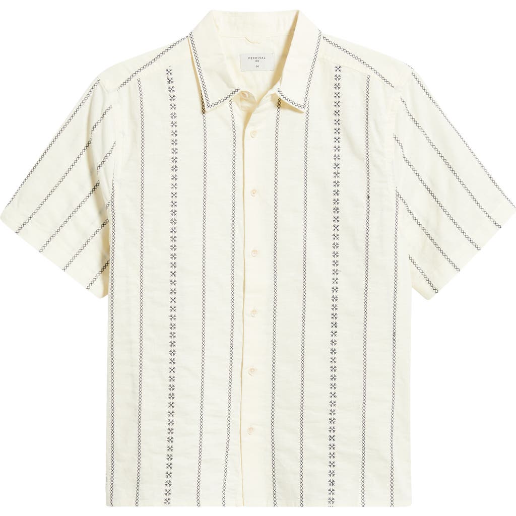 Percival Boxy Fit Stripe Short Sleeve Cotton Blend Button-up Shirt In White