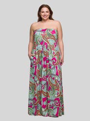 24seven Comfort Apparel Plus Size Pink Paisley A Line Strapless Maxi Dress With Pockets