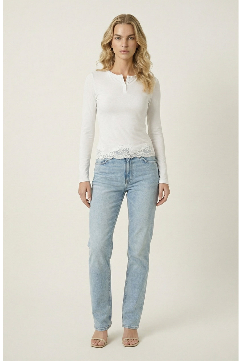 Long Sleeve Lace Trim Henley Top, Alternate, color, White