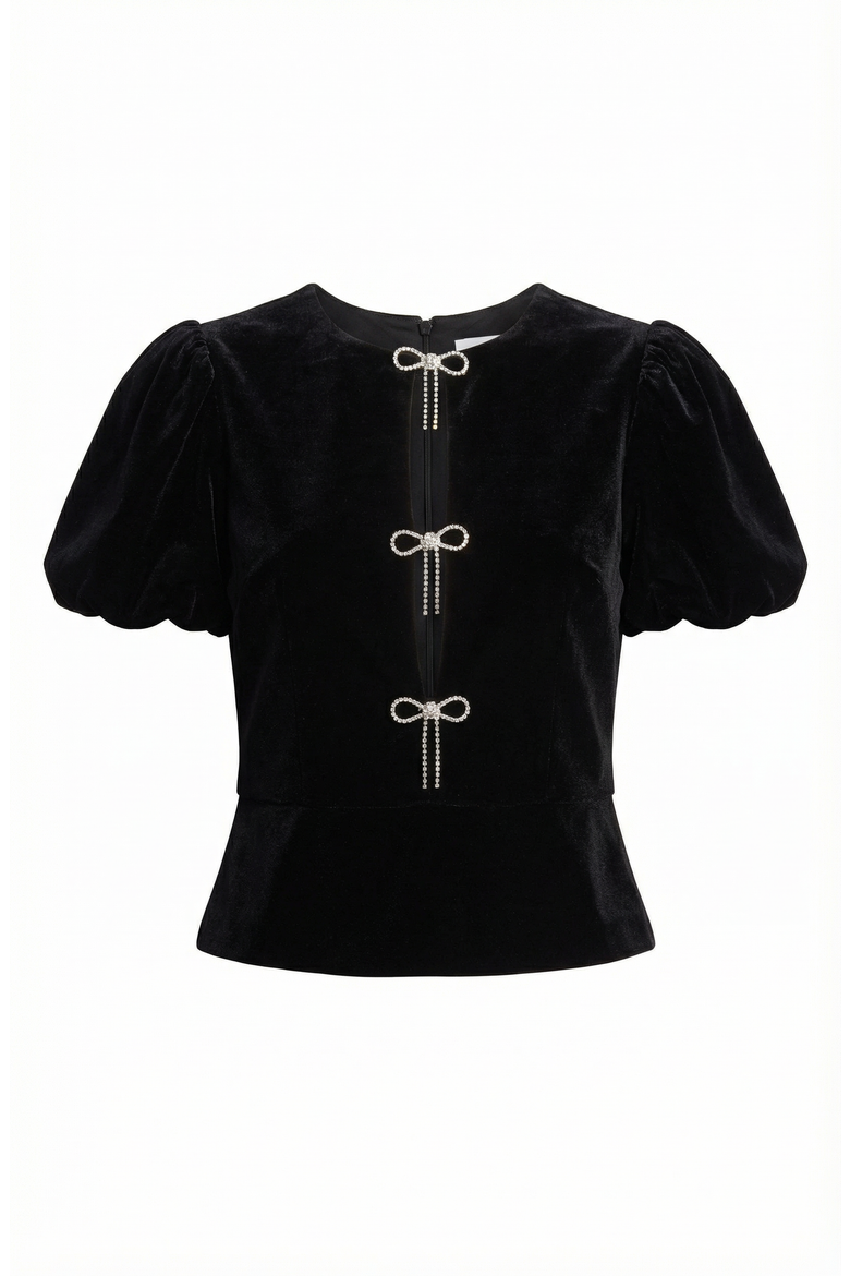 Velvet Puff Sleeve Keyhole Top, Alternate, color, Black