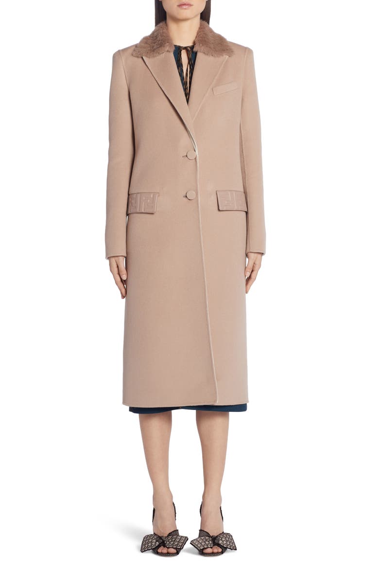 FF Logo Double Face Cashmere Coat with Removable Genuine Mink Fur Collar, Alternate, color, BEIGE