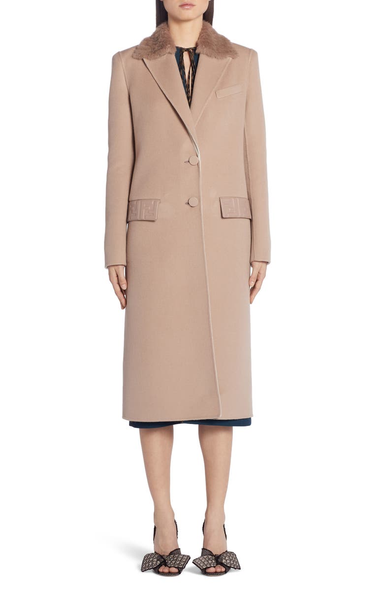 Fendi FF Logo Double Face Cashmere Coat with Removable Genuine Mink Fur Collar, Alternate, color,