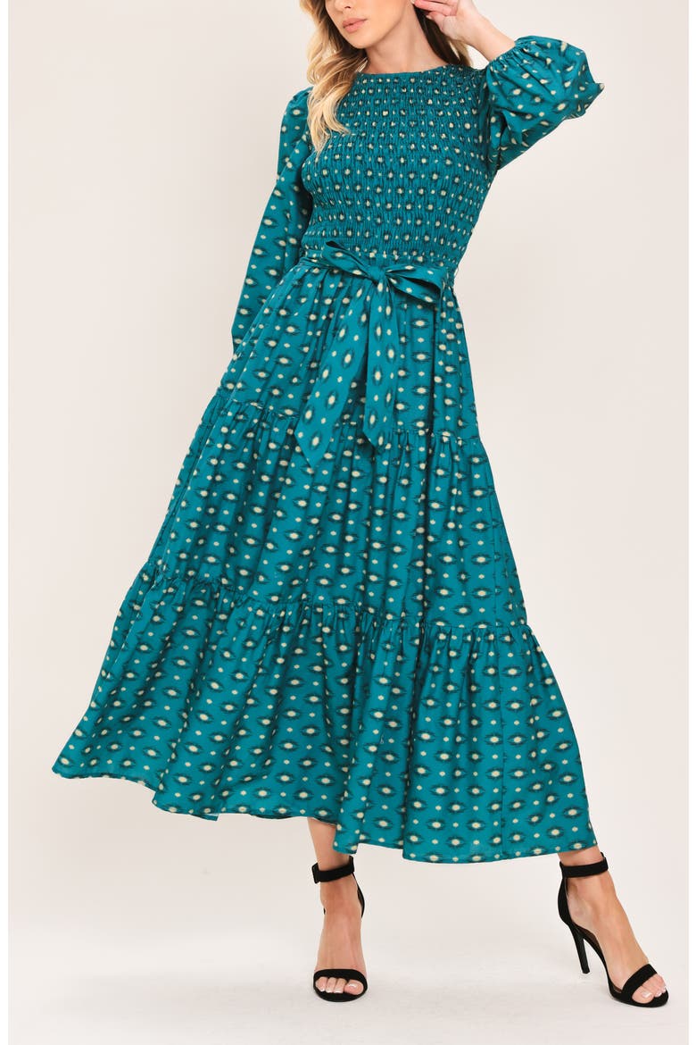 Long Sleeve Tiered Cotton Maxi Dress, Alternate, color, TEAL