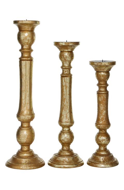 Goldtone Mango Wood Traditional Candle Holder - Set of 3