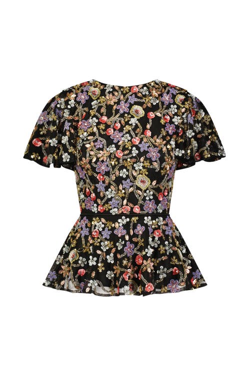 Mac Duggal Floral Embellished Butterfly Sleeve Top In Black Multi