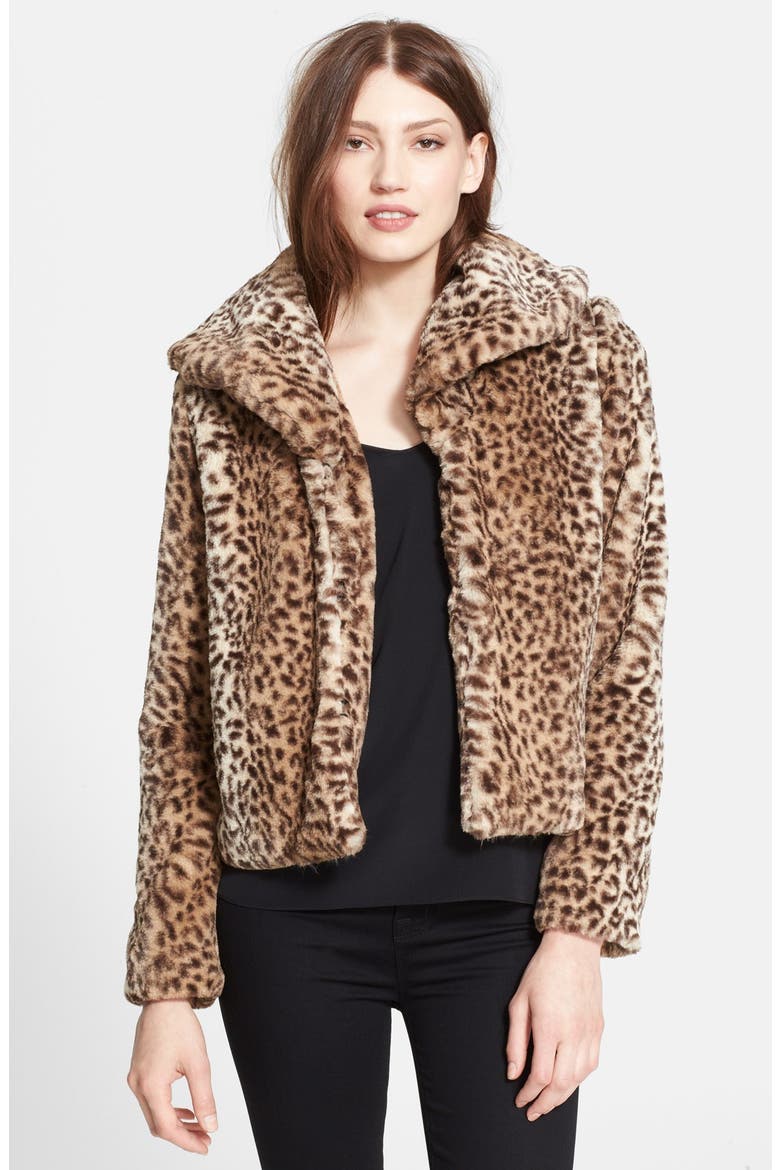 Leopard Print Faux Fur Crop Jacket, Main, color, SAFARI
