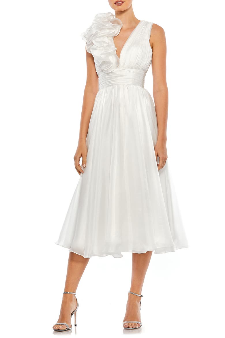 Rosette Plunge Neck A-Line Dress, Main, color, WHITE